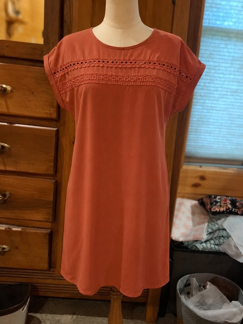 Women's Terra Cotta Colored Crochet-Trim Cutout Shift Dress